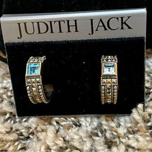 Judith Jack Marcasite Half Hoop Blue Topaz 925 Earrings
